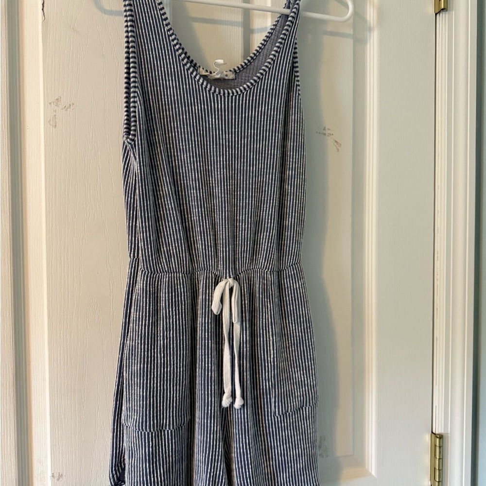 Caution To The Wind Navy and White Striped romper.